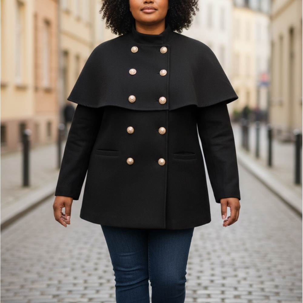 ELOQUII Elegant Black Double-Breasted Cape Pea-Coat SZ 14/16